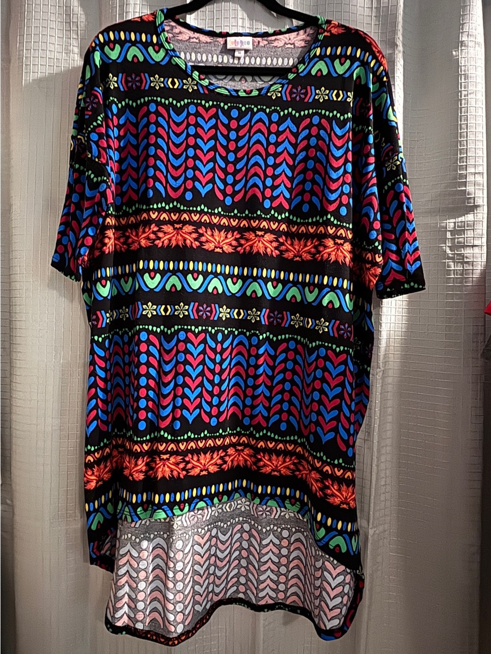 LuLaRoe Black Tunic with Blue, Red & Green Geometric Print